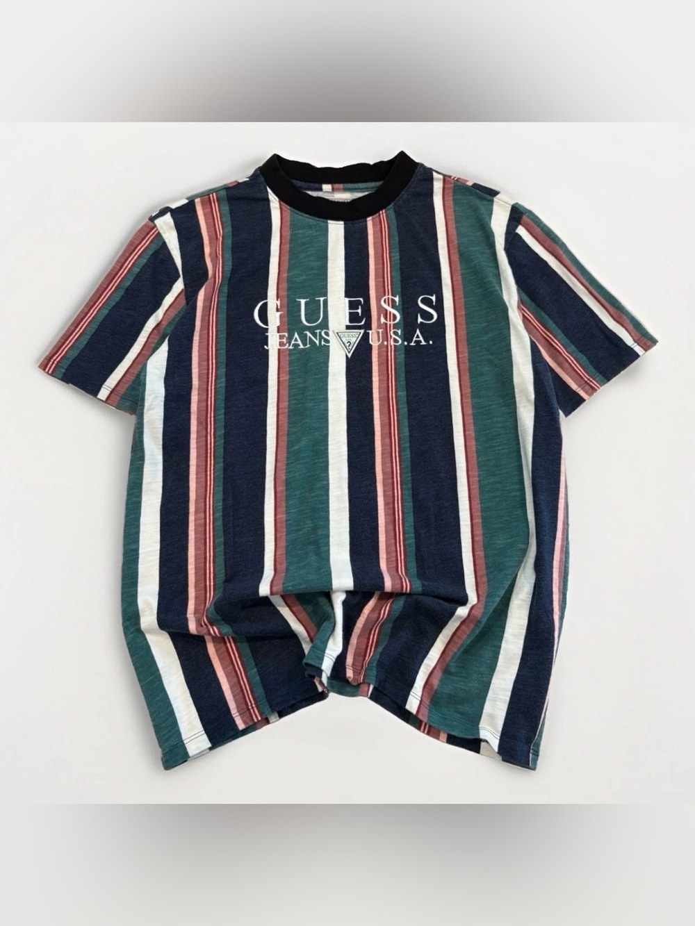 Vintage Guess Striped Shirt Embroidered Patch Size Small Green 90s Streetwear